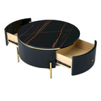 Table basse ronde style moderne avec 2 tiroirs, blanc cassé/noir