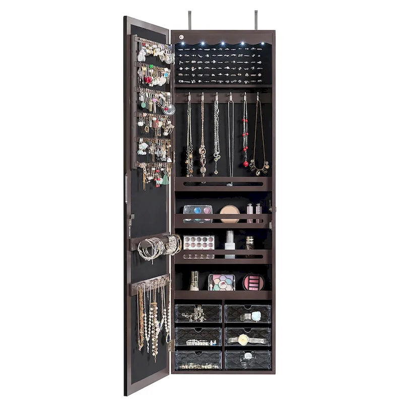 Armoire à bijoux miroir LED murale et à suspendre blanche/marron — 1 personne