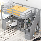 Lit mezzanine double avec bureau en L et tiroirs, armoire et escalier de rangement, gris