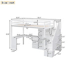Lit mezzanine double avec bureau en L et tiroirs, armoire et escalier de rangement, gris