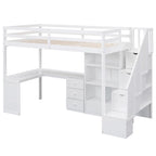 Lit mezzanine double avec bureau en L et tiroirs, armoire et escalier de rangement, gris