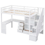 Lit mezzanine double avec bureau en L et tiroirs, armoire et escalier de rangement, gris