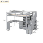 Lit mezzanine double avec bureau en L et tiroirs, armoire et escalier de rangement, gris
