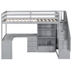 Lit mezzanine double avec bureau en L et tiroirs, armoire et escalier de rangement, gris