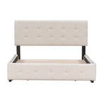 Lit Queen size plateforme en lin beige rembourré avec tête de lit capitonnée et 4 tiroirs — Pour 2