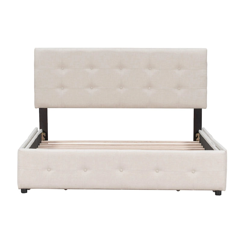 Lit Queen size plateforme en lin beige rembourré avec tête de lit capitonnée et 4 tiroirs — Pour 2