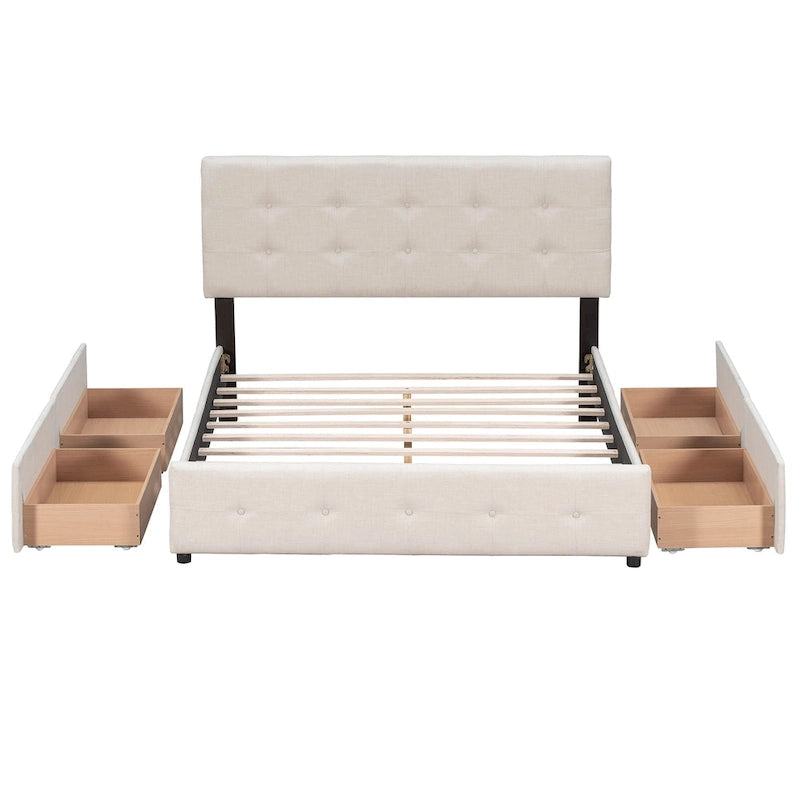 Lit Queen size plateforme en lin beige rembourré avec tête de lit capitonnée et 4 tiroirs — Pour 2