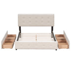 Lit Queen size plateforme en lin beige rembourré avec tête de lit capitonnée et 4 tiroirs — Pour 2