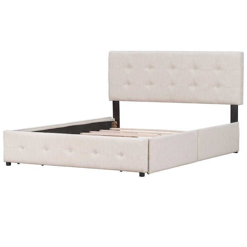 Lit Queen size plateforme en lin beige rembourré avec tête de lit capitonnée et 4 tiroirs — Pour 2