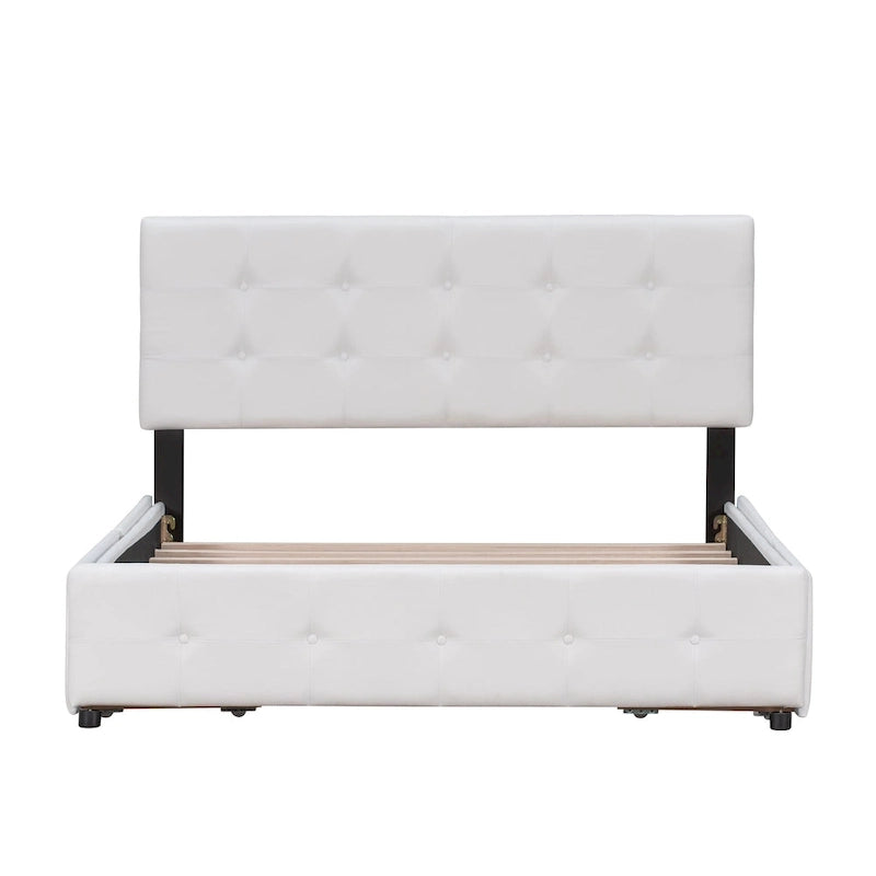 Lit Queen size plateforme en lin beige rembourré avec tête de lit capitonnée et 4 tiroirs — Pour 2