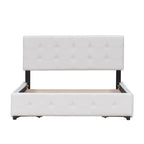 Lit Queen size plateforme en lin beige rembourré avec tête de lit capitonnée et 4 tiroirs — Pour 2