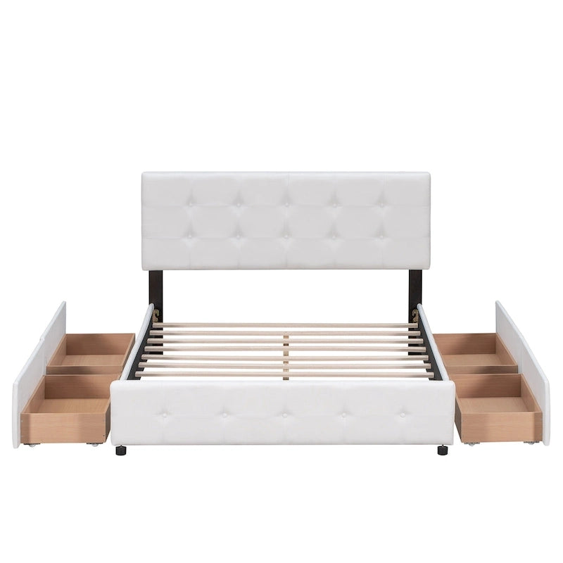 Lit Queen size plateforme en lin beige rembourré avec tête de lit capitonnée et 4 tiroirs — Pour 2
