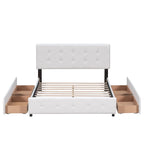 Lit Queen size plateforme en lin beige rembourré avec tête de lit capitonnée et 4 tiroirs — Pour 2