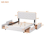 Lit Queen size plateforme en lin beige rembourré avec tête de lit capitonnée et 4 tiroirs — Pour 2