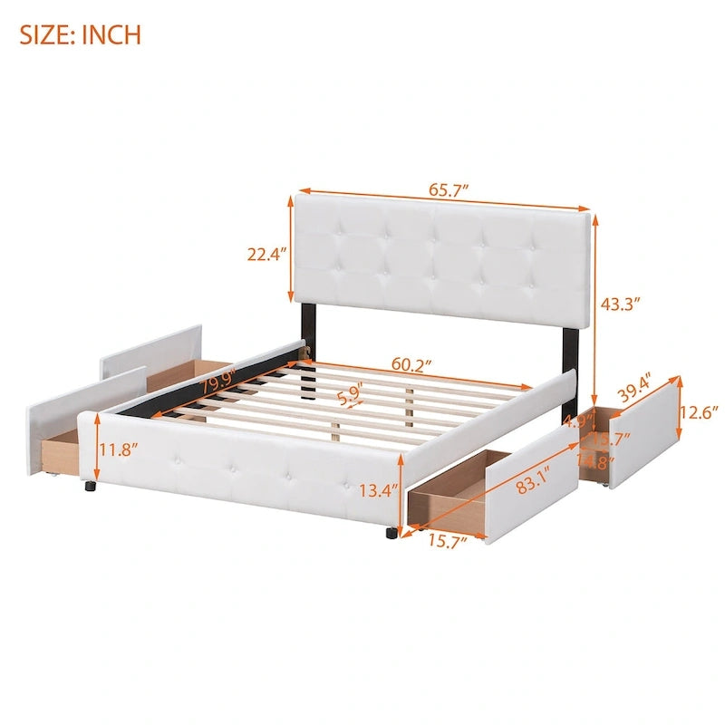 Lit Queen size plateforme en lin beige rembourré avec tête de lit capitonnée et 4 tiroirs — Pour 2
