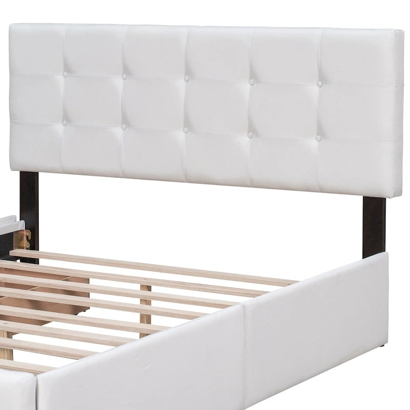 Lit Queen size plateforme en lin beige rembourré avec tête de lit capitonnée et 4 tiroirs — Pour 2