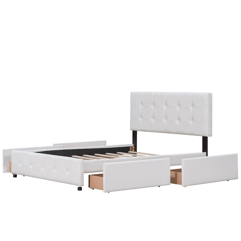 Lit Queen size plateforme en lin beige rembourré avec tête de lit capitonnée et 4 tiroirs — Pour 2
