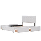 Lit Queen size plateforme en lin beige rembourré avec tête de lit capitonnée et 4 tiroirs — Pour 2