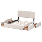 Lit Queen size plateforme en lin beige rembourré avec tête de lit capitonnée et 4 tiroirs — Pour 2
