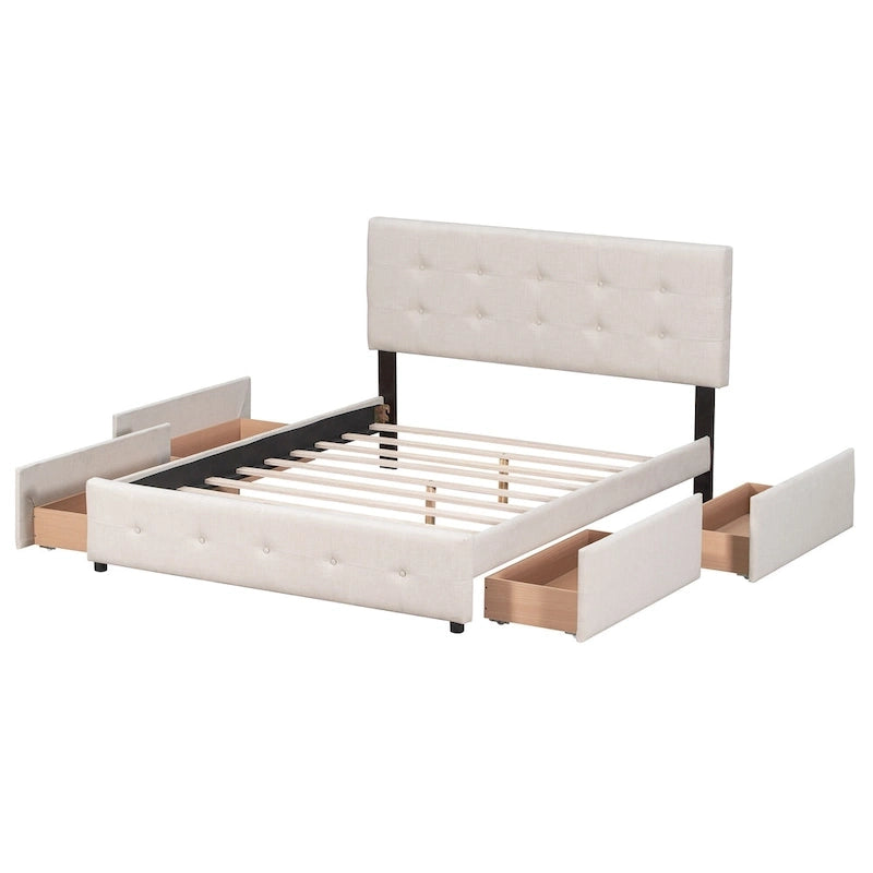 Lit Queen size plateforme en lin beige rembourré avec tête de lit capitonnée et 4 tiroirs — Pour 2