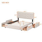 Lit Queen size plateforme en lin beige rembourré avec tête de lit capitonnée et 4 tiroirs — Pour 2