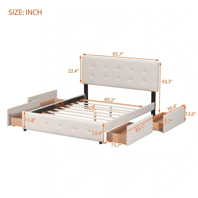 Lit Queen size plateforme en lin beige rembourré avec tête de lit capitonnée et 4 tiroirs — Pour 2