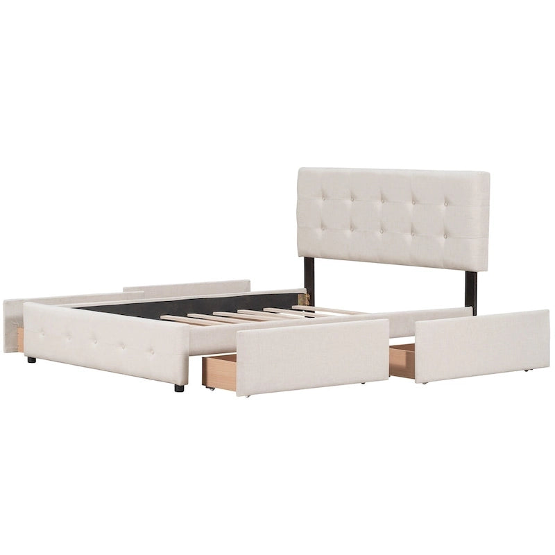 Lit Queen size plateforme en lin beige rembourré avec tête de lit capitonnée et 4 tiroirs — Pour 2