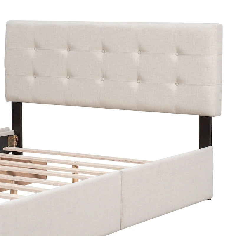 Lit Queen size plateforme en lin beige rembourré avec tête de lit capitonnée et 4 tiroirs — Pour 2