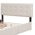 Lit Queen size plateforme en lin beige rembourré avec tête de lit capitonnée et 4 tiroirs — Pour 2