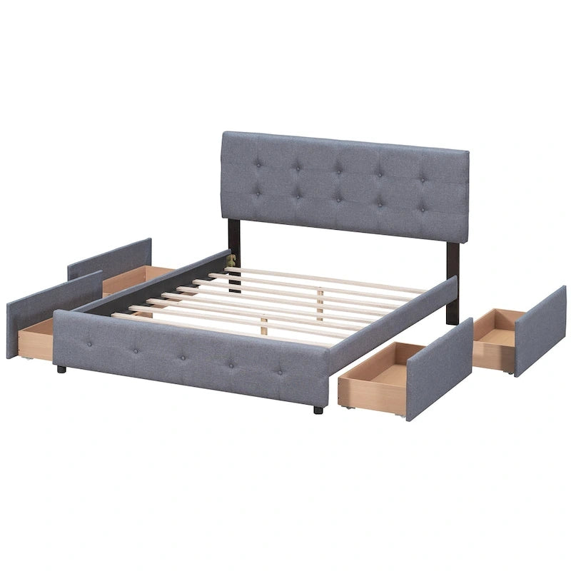 Lit Queen size plateforme en lin beige rembourré avec tête de lit capitonnée et 4 tiroirs — Pour 2