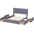 Lit Queen size plateforme en lin beige rembourré avec tête de lit capitonnée et 4 tiroirs — Pour 2