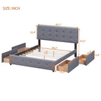 Lit Queen size plateforme en lin beige rembourré avec tête de lit capitonnée et 4 tiroirs — Pour 2