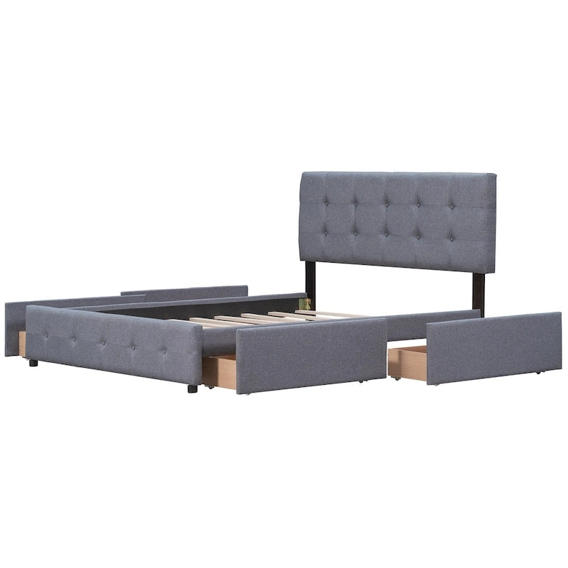 Lit Queen size plateforme en lin beige rembourré avec tête de lit capitonnée et 4 tiroirs — Pour 2