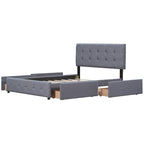 Lit Queen size plateforme en lin beige rembourré avec tête de lit capitonnée et 4 tiroirs — Pour 2