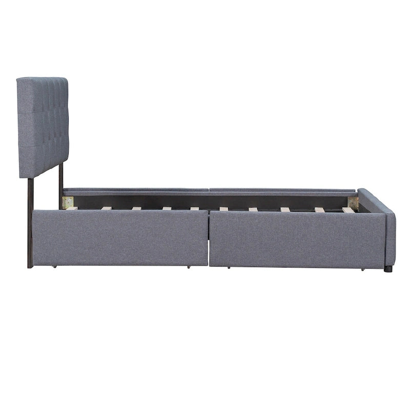 Lit Queen size plateforme en lin beige rembourré avec tête de lit capitonnée et 4 tiroirs — Pour 2