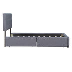 Lit Queen size plateforme en lin beige rembourré avec tête de lit capitonnée et 4 tiroirs — Pour 2