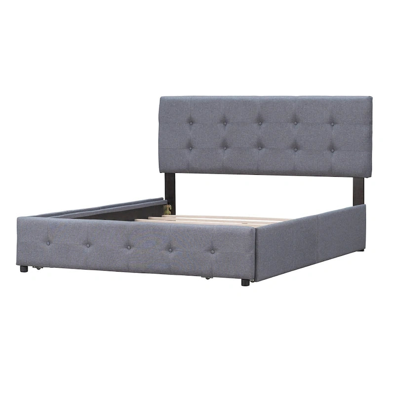 Lit Queen size plateforme en lin beige rembourré avec tête de lit capitonnée et 4 tiroirs — Pour 2