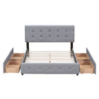 Lit Queen size plateforme en lin beige rembourré avec tête de lit capitonnée et 4 tiroirs — Pour 2