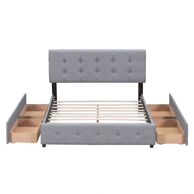 Lit Queen size plateforme en lin beige rembourré avec tête de lit capitonnée et 4 tiroirs — Pour 2