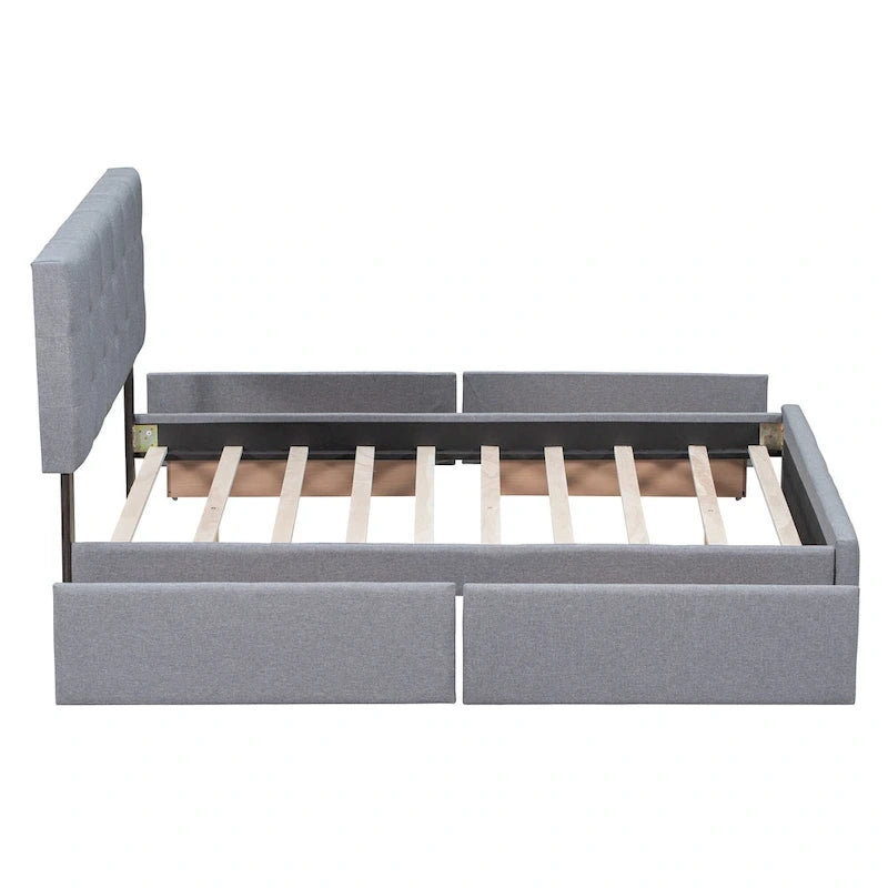 Lit Queen size plateforme en lin beige rembourré avec tête de lit capitonnée et 4 tiroirs — Pour 2