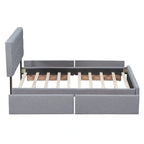 Lit Queen size plateforme en lin beige rembourré avec tête de lit capitonnée et 4 tiroirs — Pour 2