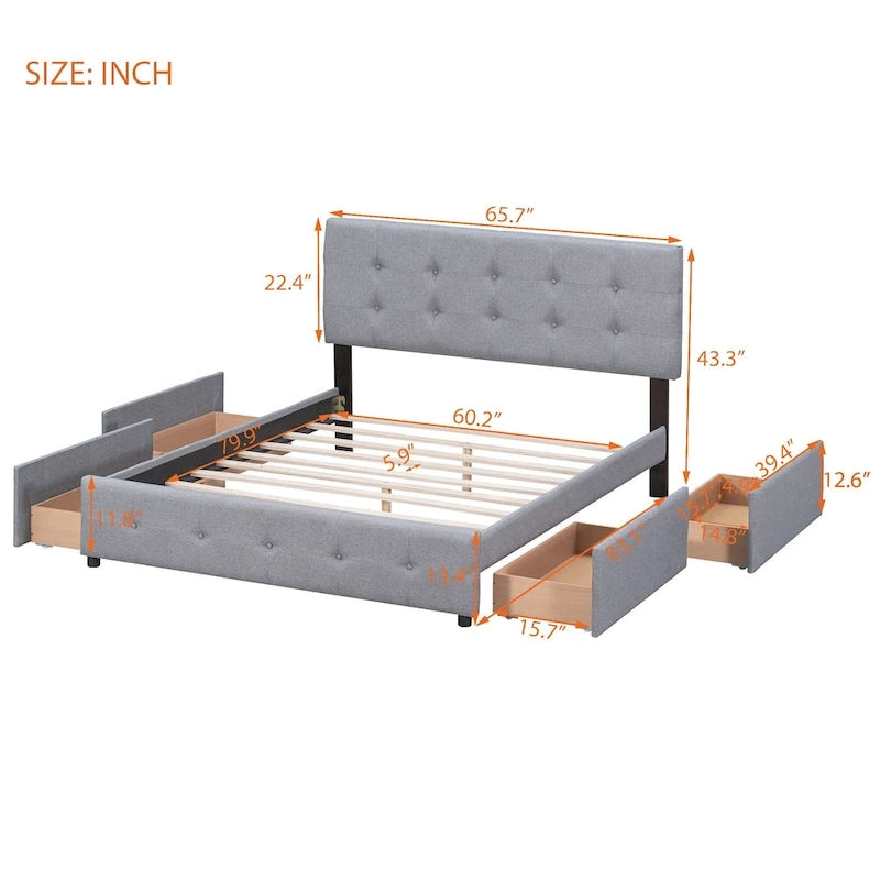Lit Queen size plateforme en lin beige rembourré avec tête de lit capitonnée et 4 tiroirs — Pour 2