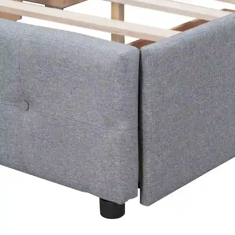 Lit Queen size plateforme en lin beige rembourré avec tête de lit capitonnée et 4 tiroirs — Pour 2