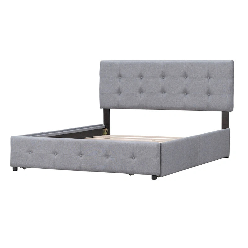 Lit Queen size plateforme en lin beige rembourré avec tête de lit capitonnée et 4 tiroirs — Pour 2