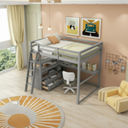 Lit mezzanine gris double avec bureau, étagères et 2 tiroirs — Simple