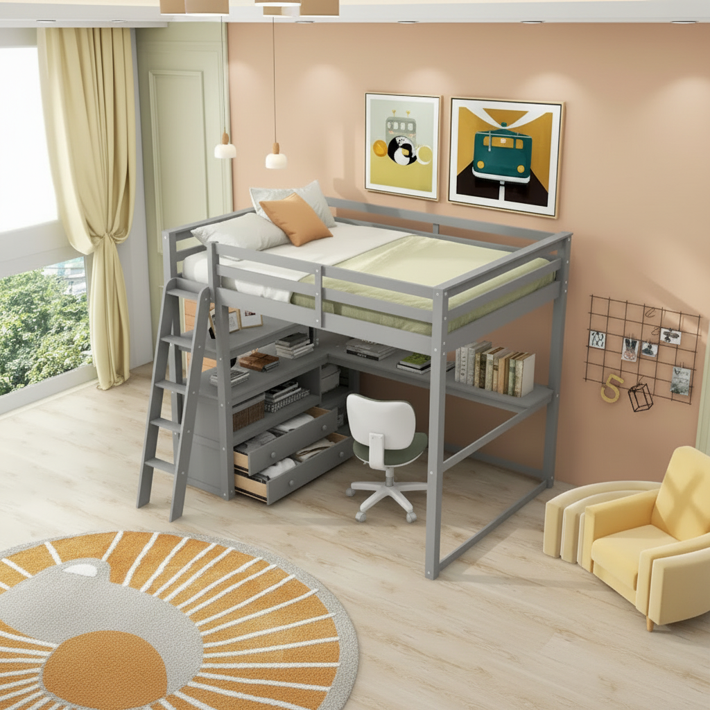 Lit mezzanine gris double avec bureau, étagères et 2 tiroirs — Simple