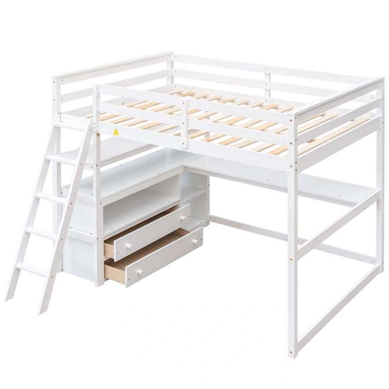 Lit mezzanine gris double avec bureau, étagères et 2 tiroirs — Simple