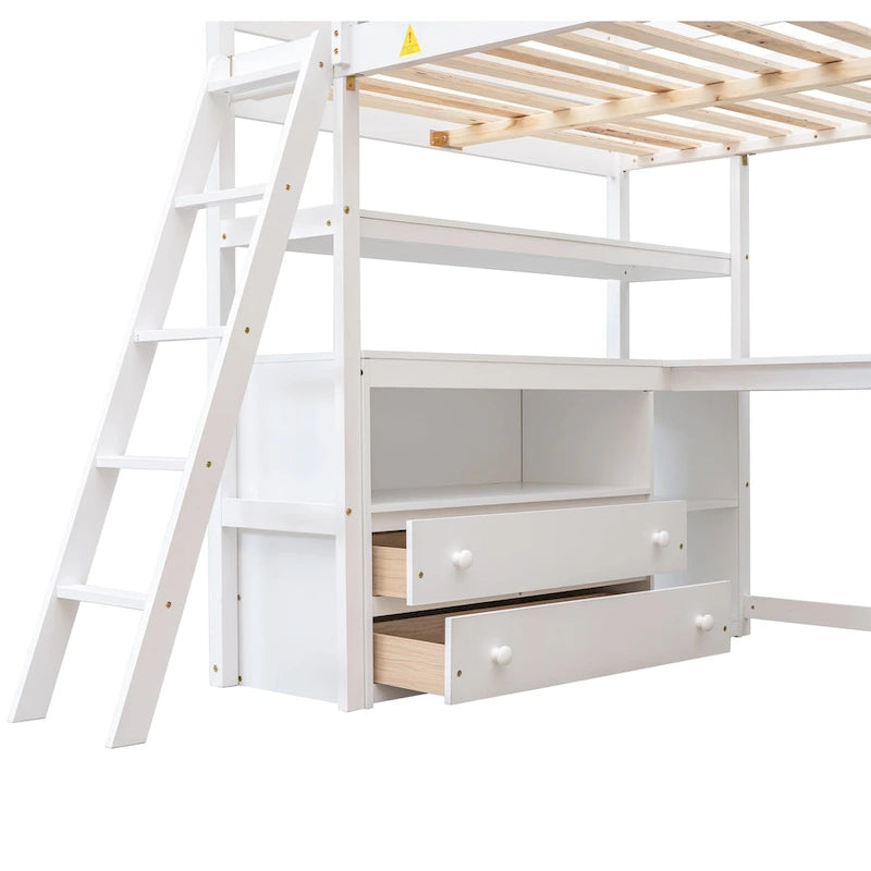 Lit mezzanine gris double avec bureau, étagères et 2 tiroirs — Simple