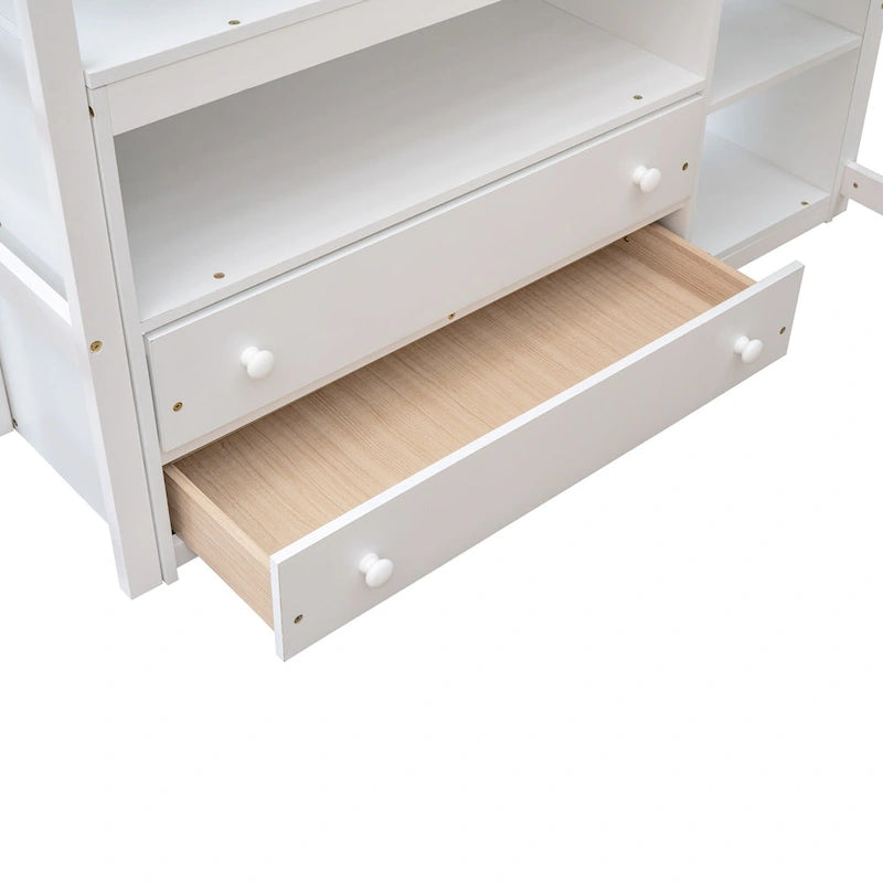 Lit mezzanine gris double avec bureau, étagères et 2 tiroirs — Simple