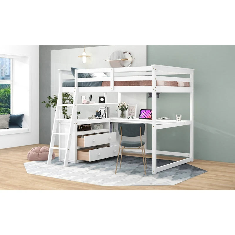 Lit mezzanine gris double avec bureau, étagères et 2 tiroirs — Simple